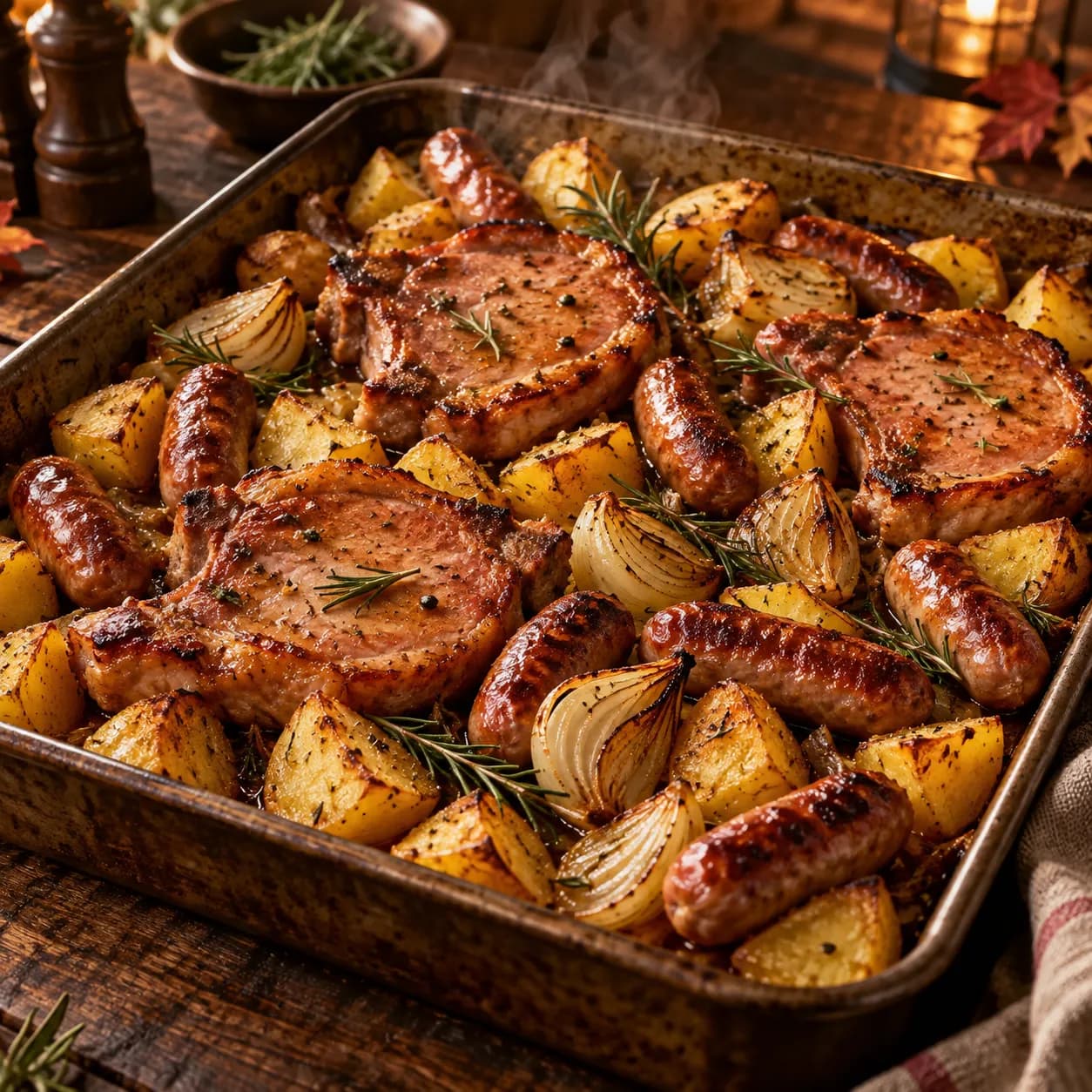 Bandeja de horno de septiembre: chuletas de Sajonia, salchichas y patatas para volver a la rutina