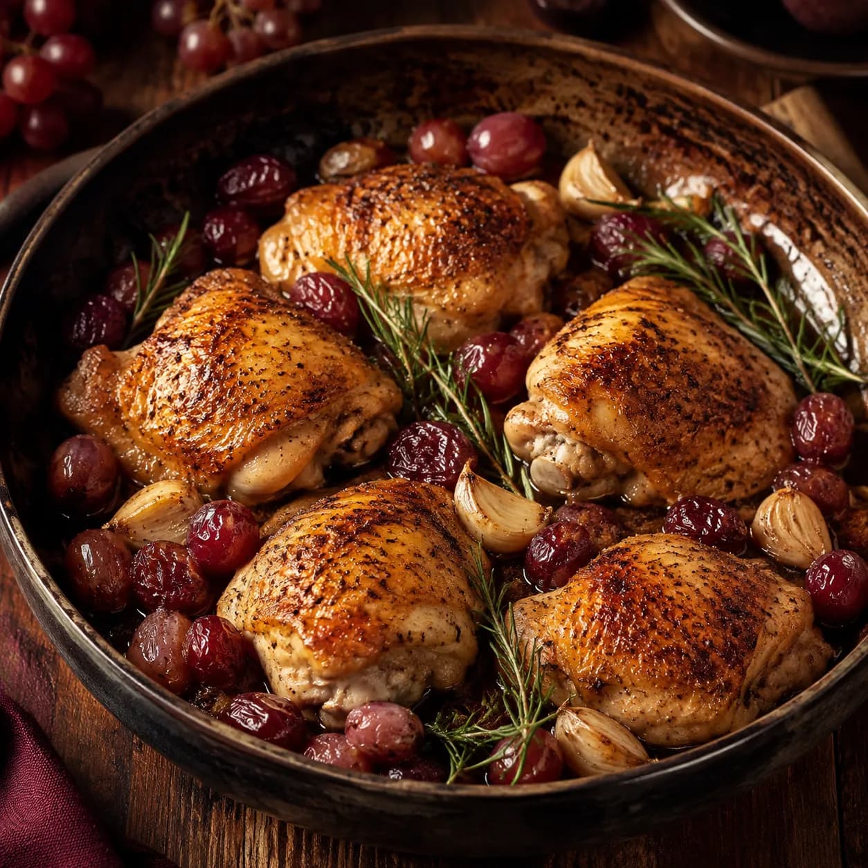 Contramuslos de pollo al horno con uvas y romero: receta de septiembre